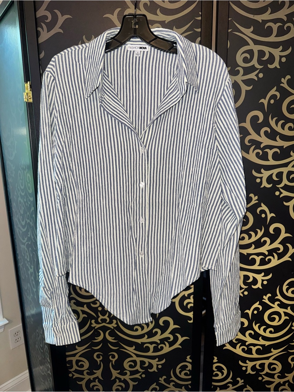 Fashion Nova Navy and White Striped Button-Up Blouse
